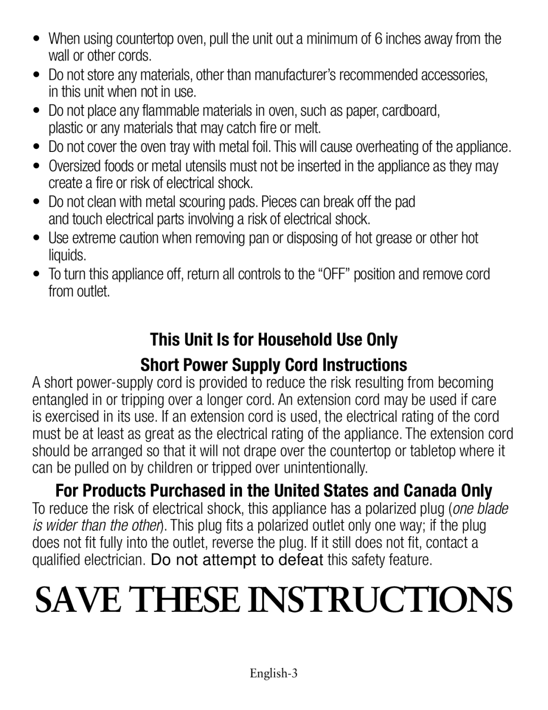 Oster TSSTTVCG01 user manual For Products Purchased in the United States and Canada Only 