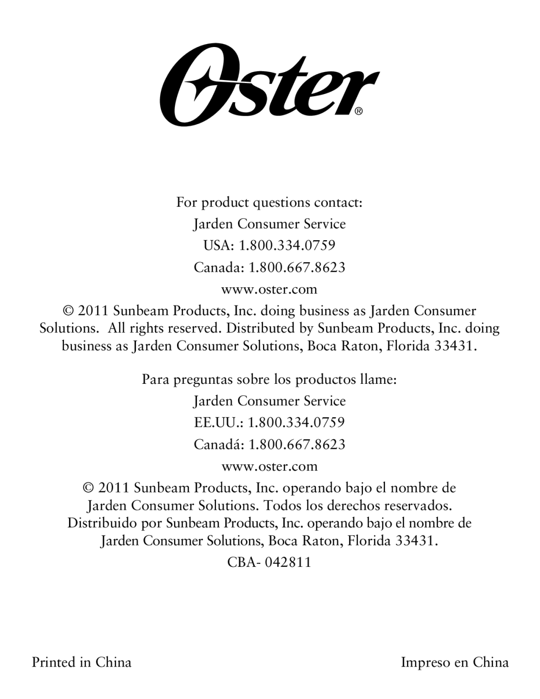 Oster TSSTTVCG01 user manual Business as Jarden Consumer Solutions, Boca Raton, Florida 