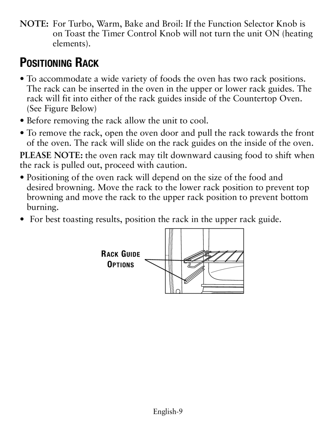 Oster TSSTTVCG01 user manual Positioning Rack 