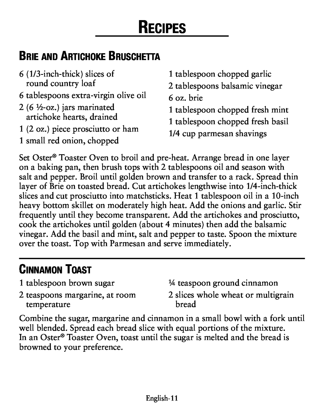 Oster TSSTTVCG01 user manual Recipes, Brie and Artichoke Bruschetta, Cinnamon Toast 