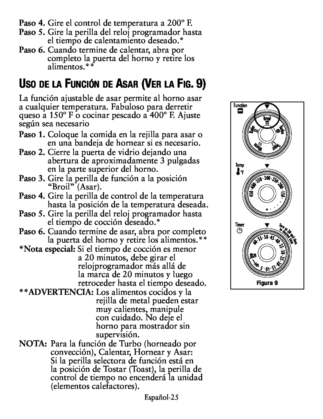 Oster TSSTTVCG01 user manual Uso de la Función de Asar Ver la Fig, Español-25 