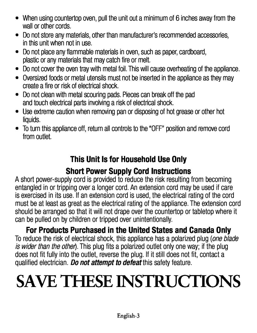 Oster TSSTTVCG01 Save These Instructions, This Unit Is for Household Use Only, Short Power Supply Cord Instructions 