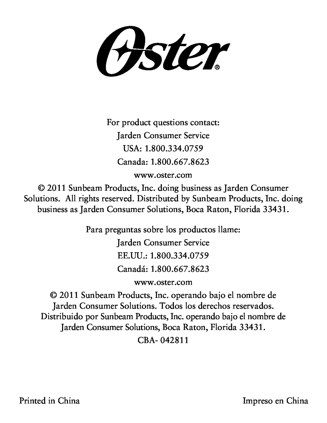 Oster TSSTTVCG01 user manual Jarden Consumer Solutions, Boca Raton, Florida, Cba 