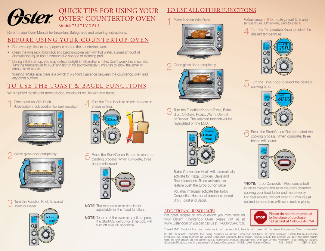 Oster TSSTTVDFL1 warranty Quick Tips for Using Your, Oster Countertop Oven, To USE ALL Other Functions 