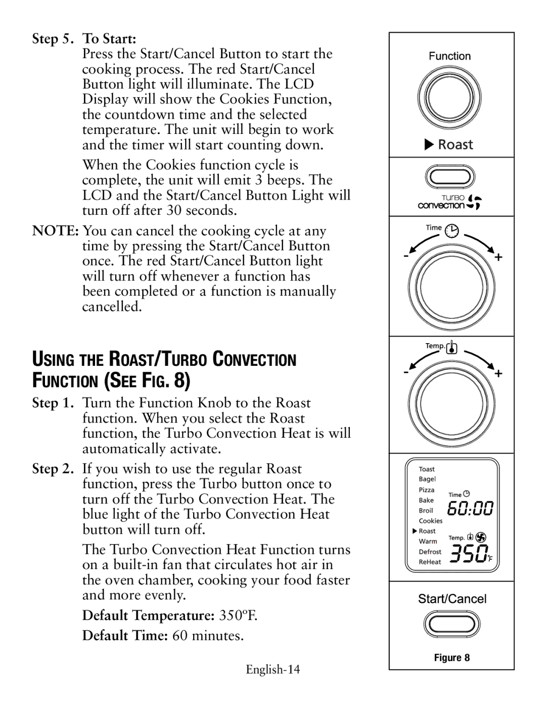 Oster TSSTTVDFL1 Using the Roast/Turbo Convection Function See Fig, Default Temperature 350ºF Default Time 60 minutes 