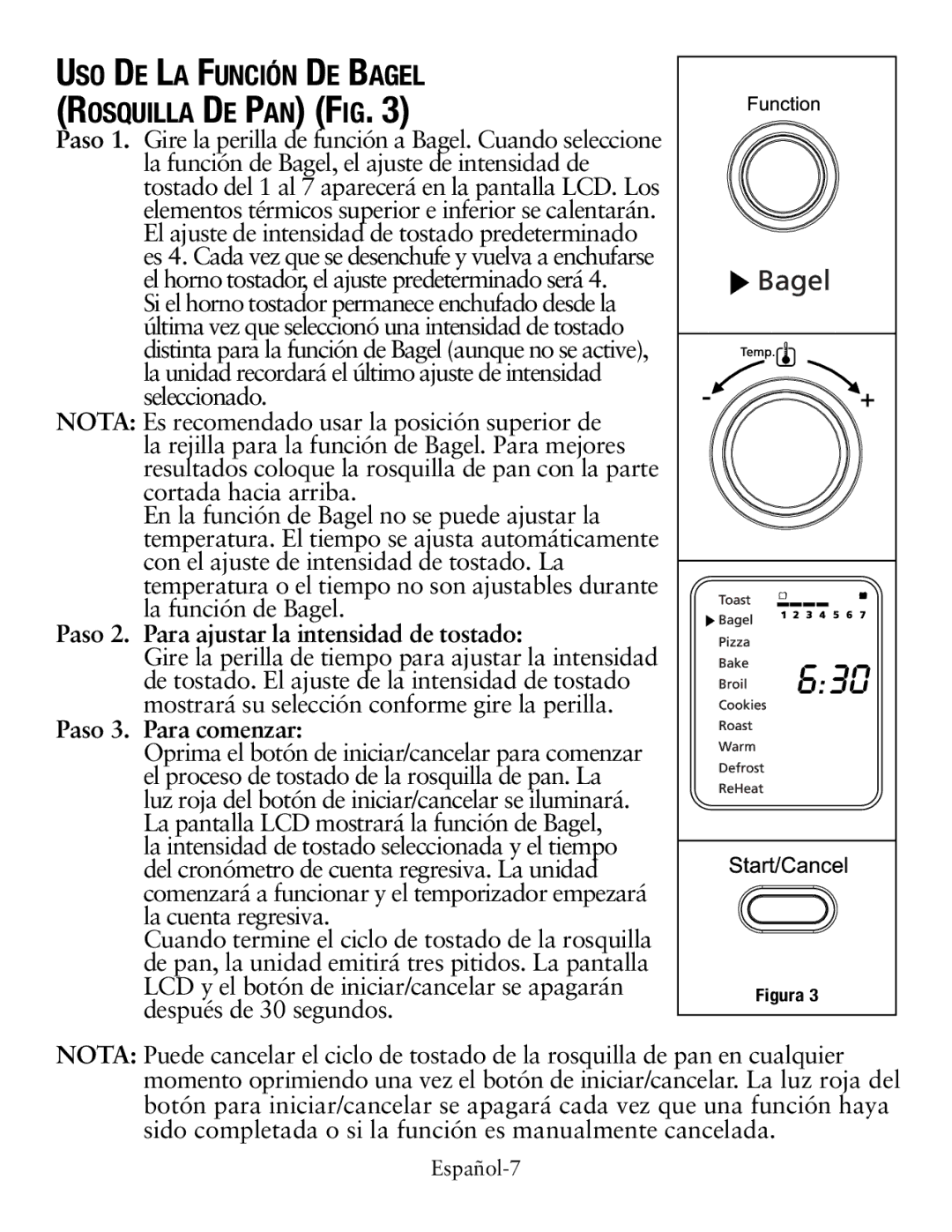 Oster TSSTTVDFL1 user manual Uso De La Función De Bagel Rosquilla De Pan Fig, Paso 2. Para ajustar la intensidad de tostado 