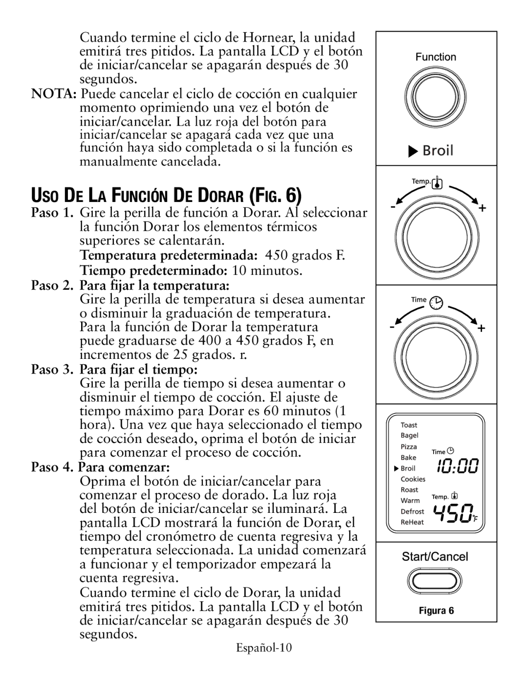 Oster TSSTTVDFL1 user manual Uso De La Función De Dorar Fig, Paso 3. Para fijar el tiempo, Paso 4. Para comenzar 