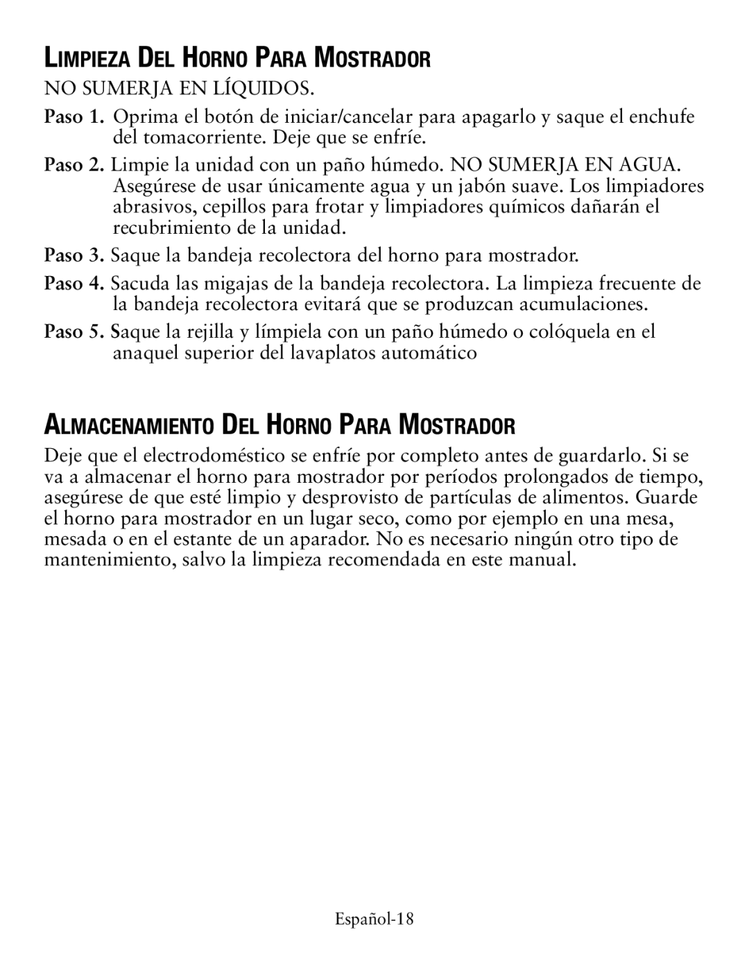 Oster TSSTTVDFL1 user manual Limpieza Del Horno Para Mostrador, Almacenamiento Del Horno Para Mostrador 