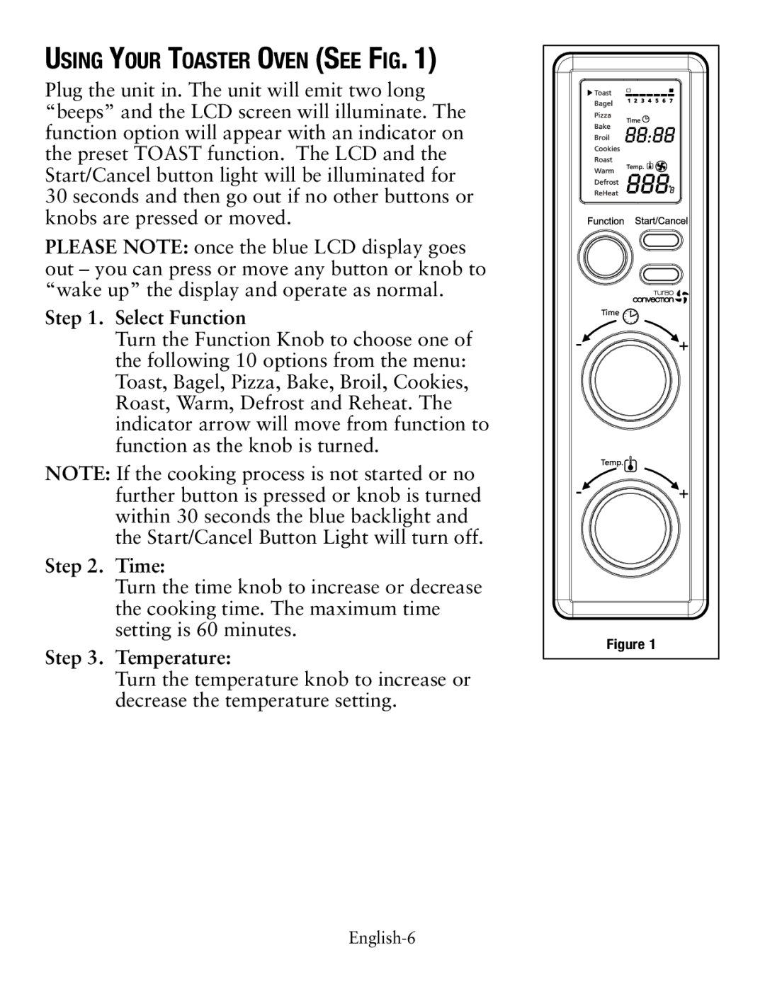 Oster TSSTTVDFL1 user manual Using Your Toaster Oven See Fig, Select Function, Time, Temperature 