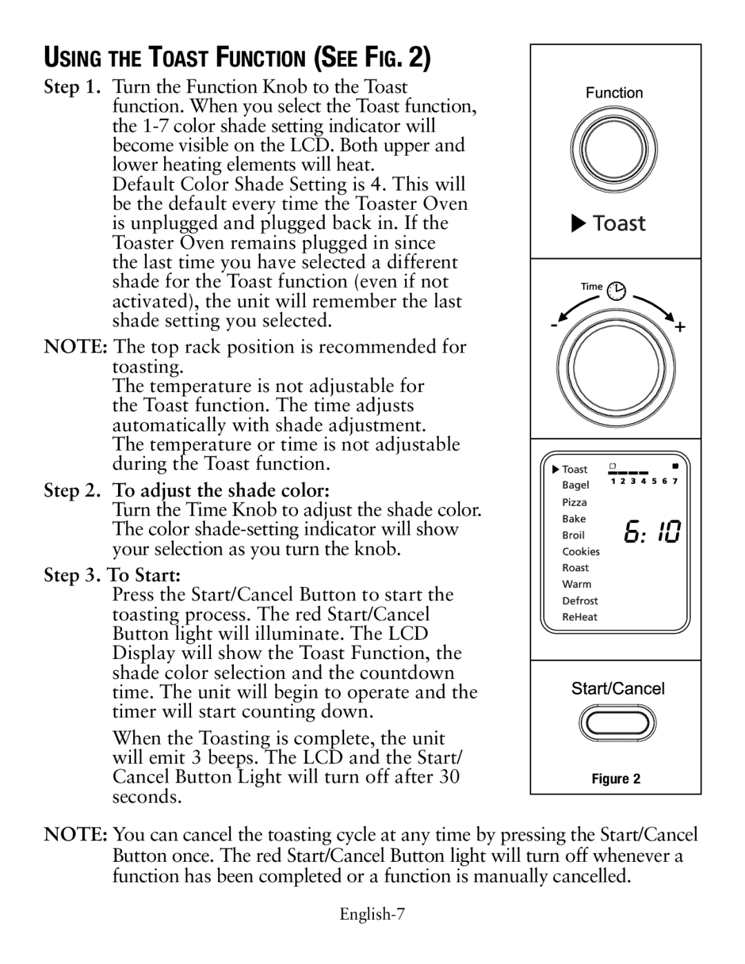 Oster TSSTTVDFL1 user manual Using the Toast Function See Fig, To adjust the shade color, To Start 