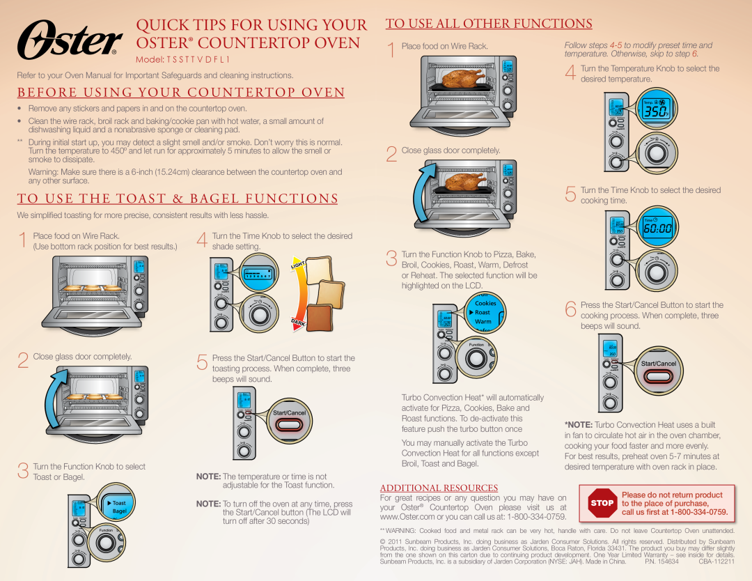 Oster TSSTTVDFL1 warranty Quick Tips For Using Your, Oster Countertop Oven, To Use All Other Functions 