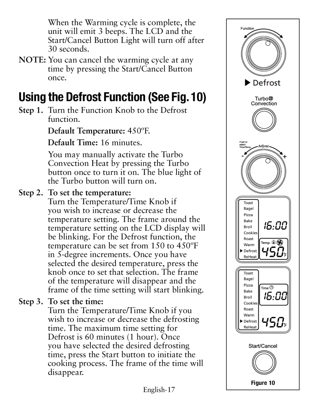 Oster Digital Countertop Oven Using the Defrost Function See Fig, Default Temperature 450ºF Default Time 16 minutes 