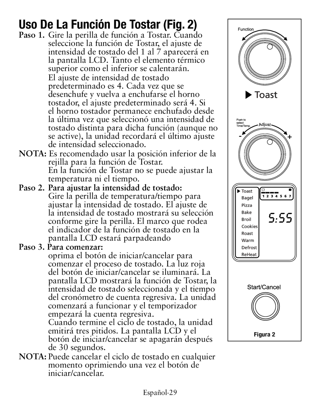 Oster Digital Countertop Oven, TSSTTVDG01 user manual Uso De La Función De Tostar Fig, Paso 3. Para comenzar 