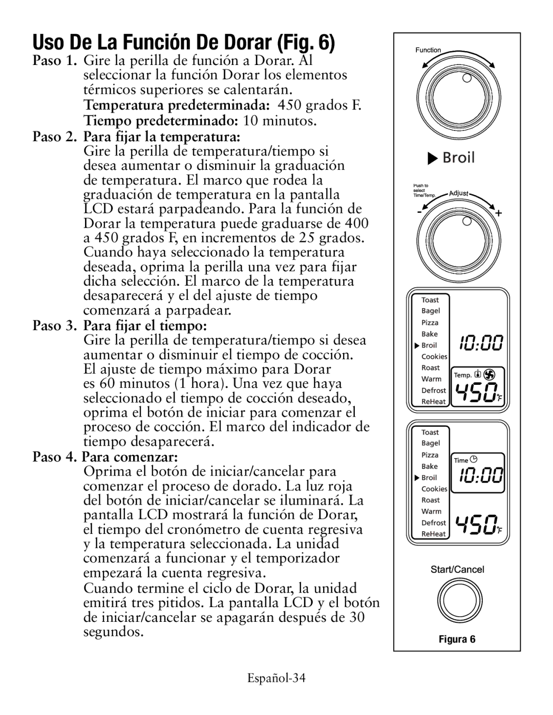 Oster TSSTTVDG01 Uso De La Función De Dorar Fig, Paso 2. Para fijar la temperatura, Paso 3. Para fijar el tiempo 