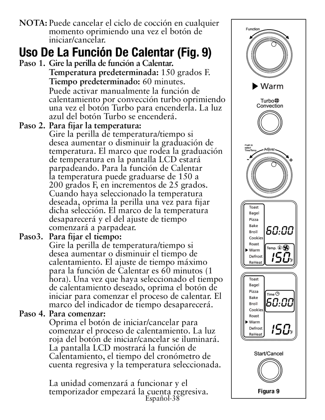 Oster TSSTTVDG01, Digital Countertop Oven user manual Uso De La Función De Calentar Fig, Paso3. Para fijar el tiempo 