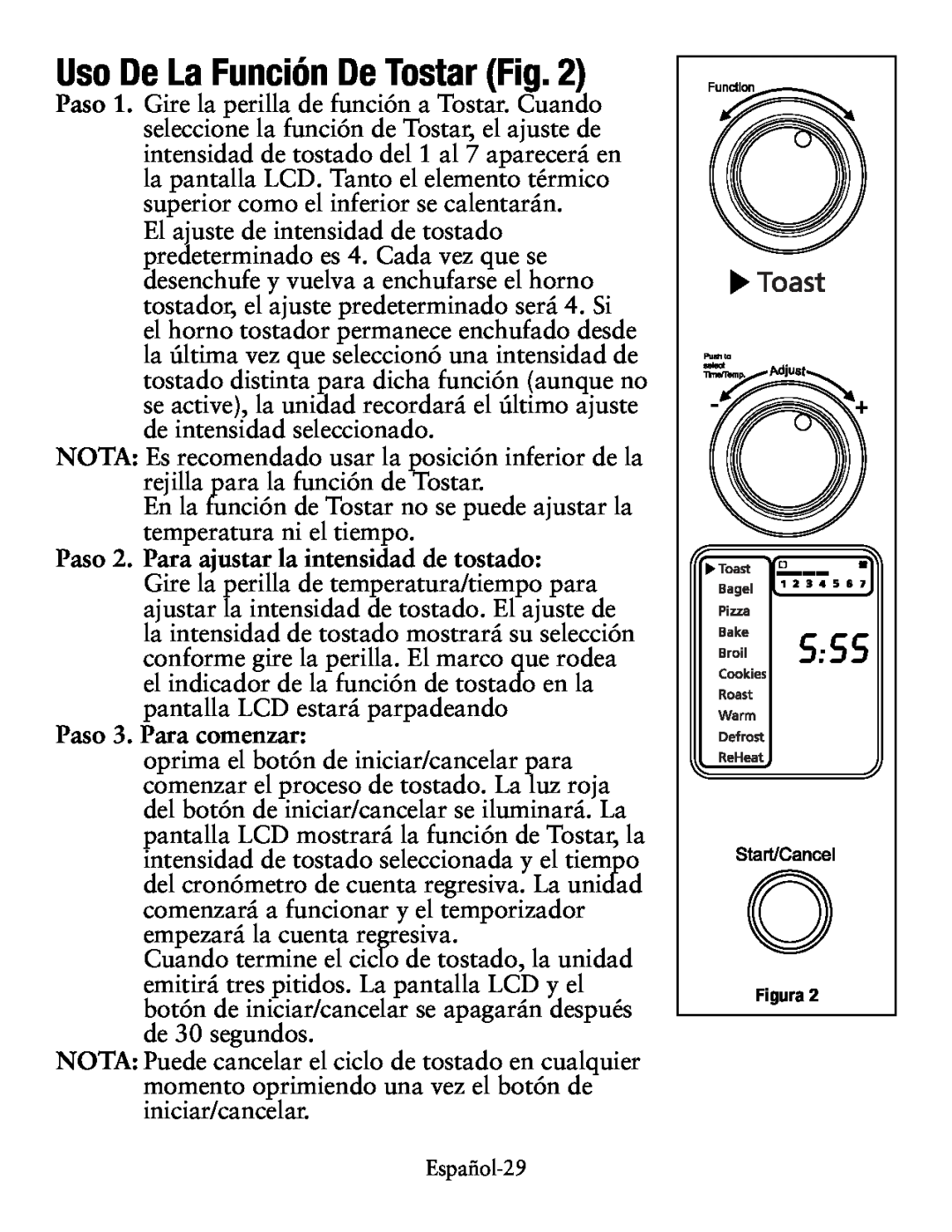 Oster Digital Countertop Oven, TSSTTVDG01 user manual Uso De La Función De Tostar Fig, Paso 3. Para comenzar 