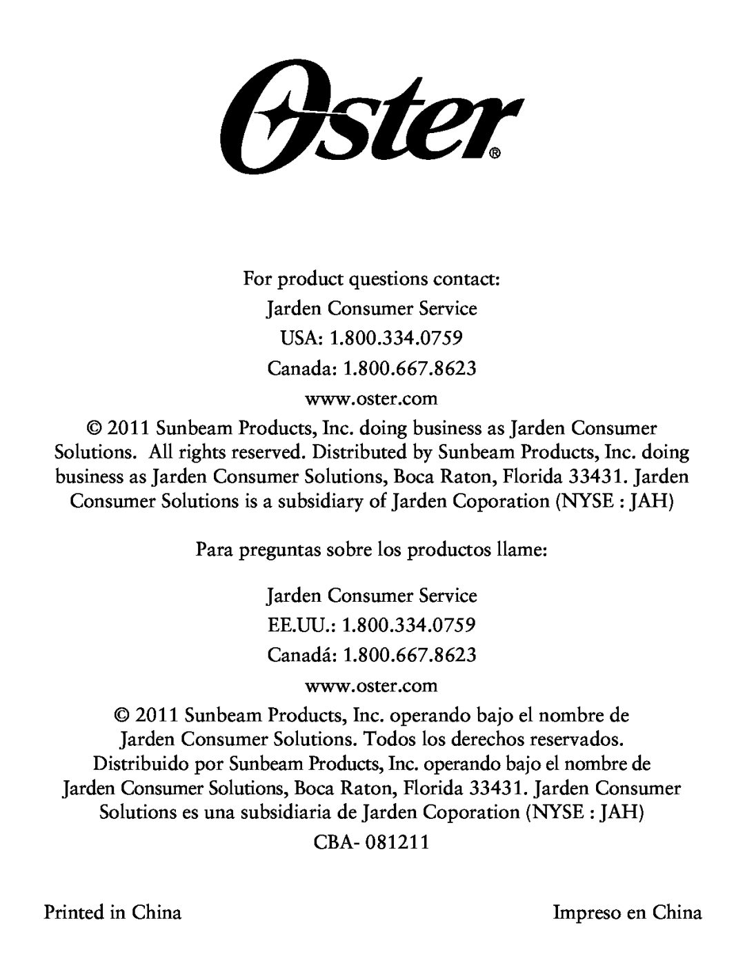 Oster TSSTTVDG01, Digital Countertop Oven user manual For product questions contact Jarden Consumer Service USA Canada 