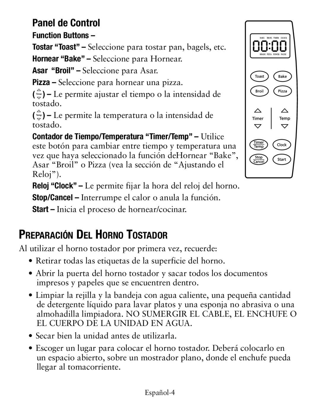 Oster Small Digital Oven, TSSTTVDGSM user manual Panel de Control, Preparación Del Horno Tostador 