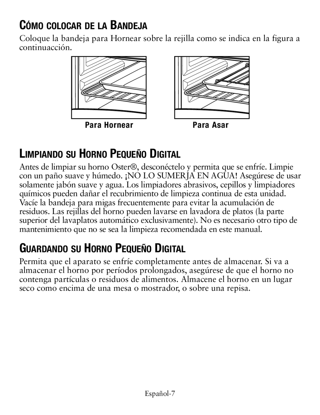 Oster TSSTTVDGSM Cómo colocar de la Bandeja, Limpiando su Horno Pequeño Digital, Guardando su Horno Pequeño Digital 