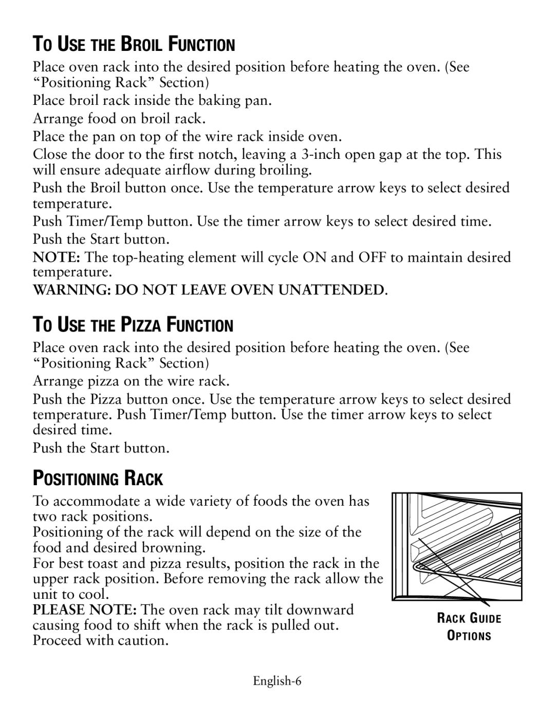 Oster Small Digital Oven, TSSTTVDGSM user manual To Use the Broil Function, To Use the Pizza Function, Positioning Rack 