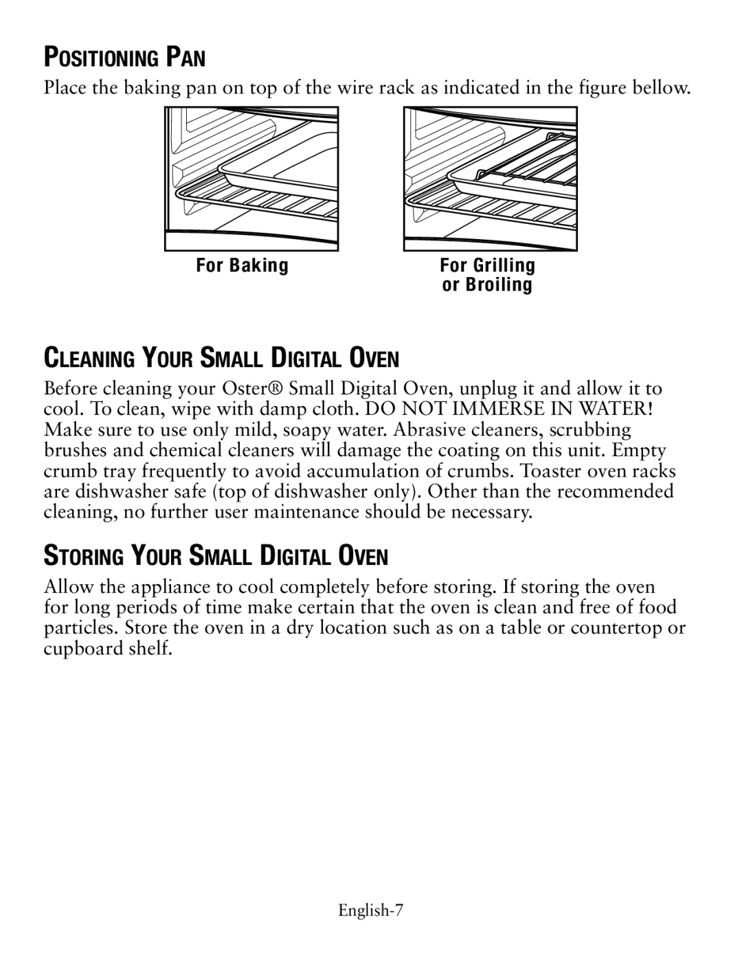 Oster TSSTTVDGSM user manual Positioning Pan, Cleaning Your Small Digital Oven, Storing Your Small Digital Oven 