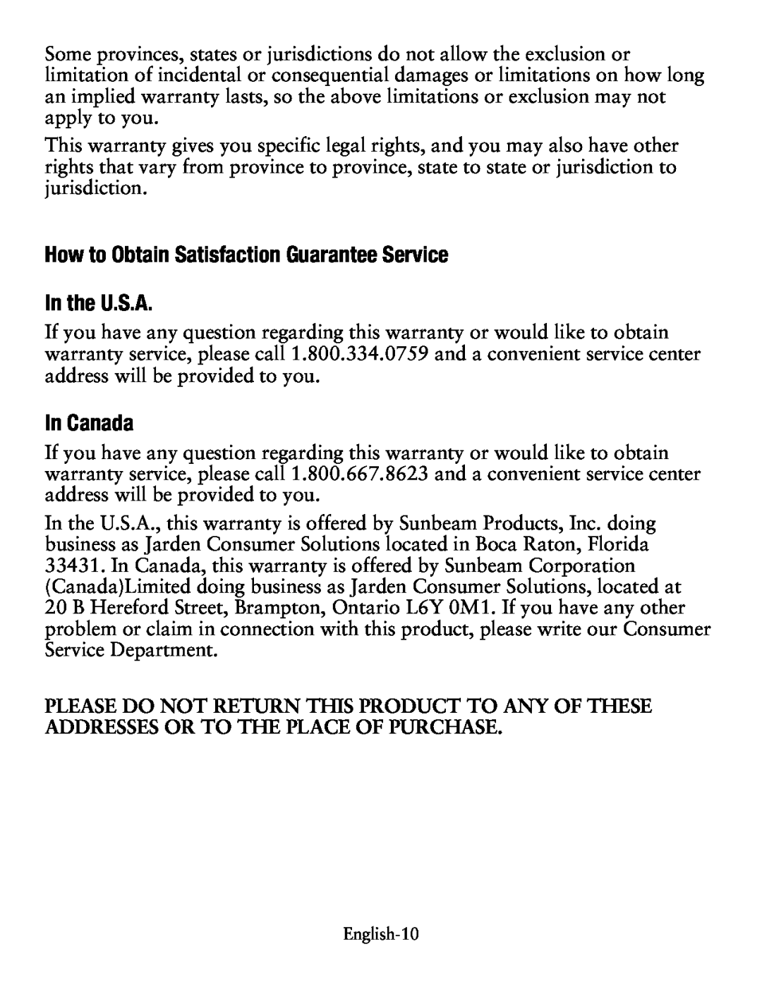 Oster Small Digital Oven, TSSTTVDGSM How to Obtain Satisfaction Guarantee Service In the U.S.A, In Canada, English-10 
