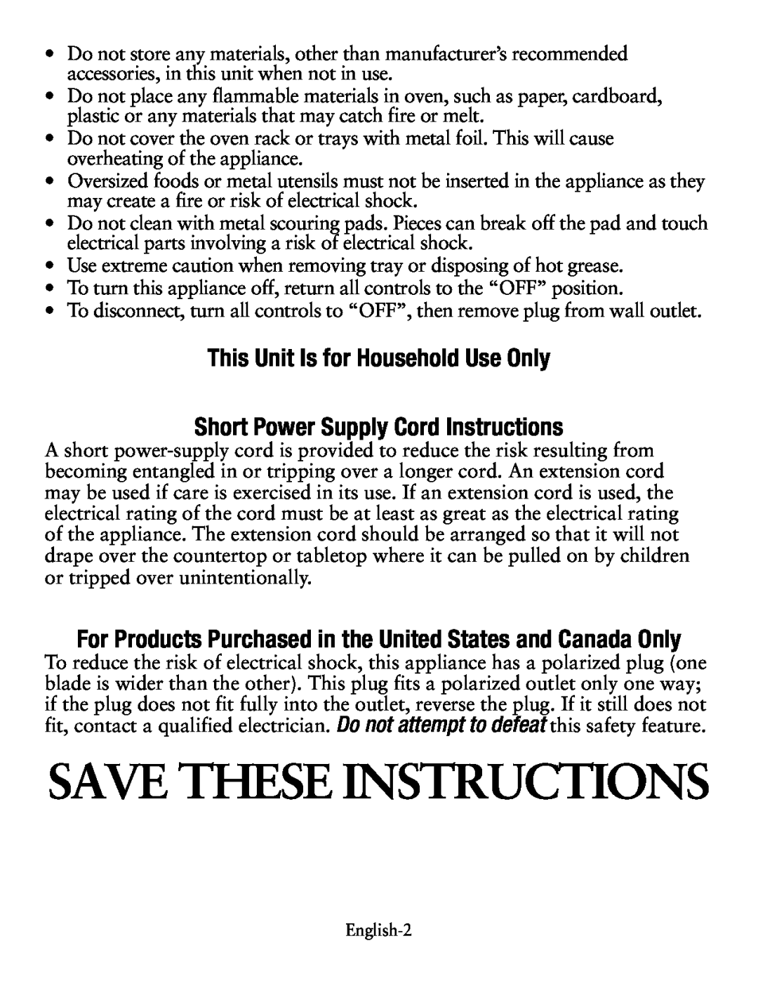 Oster Small Digital Oven, TSSTTVDGSM user manual Save These Instructions, This Unit Is for Household Use Only 