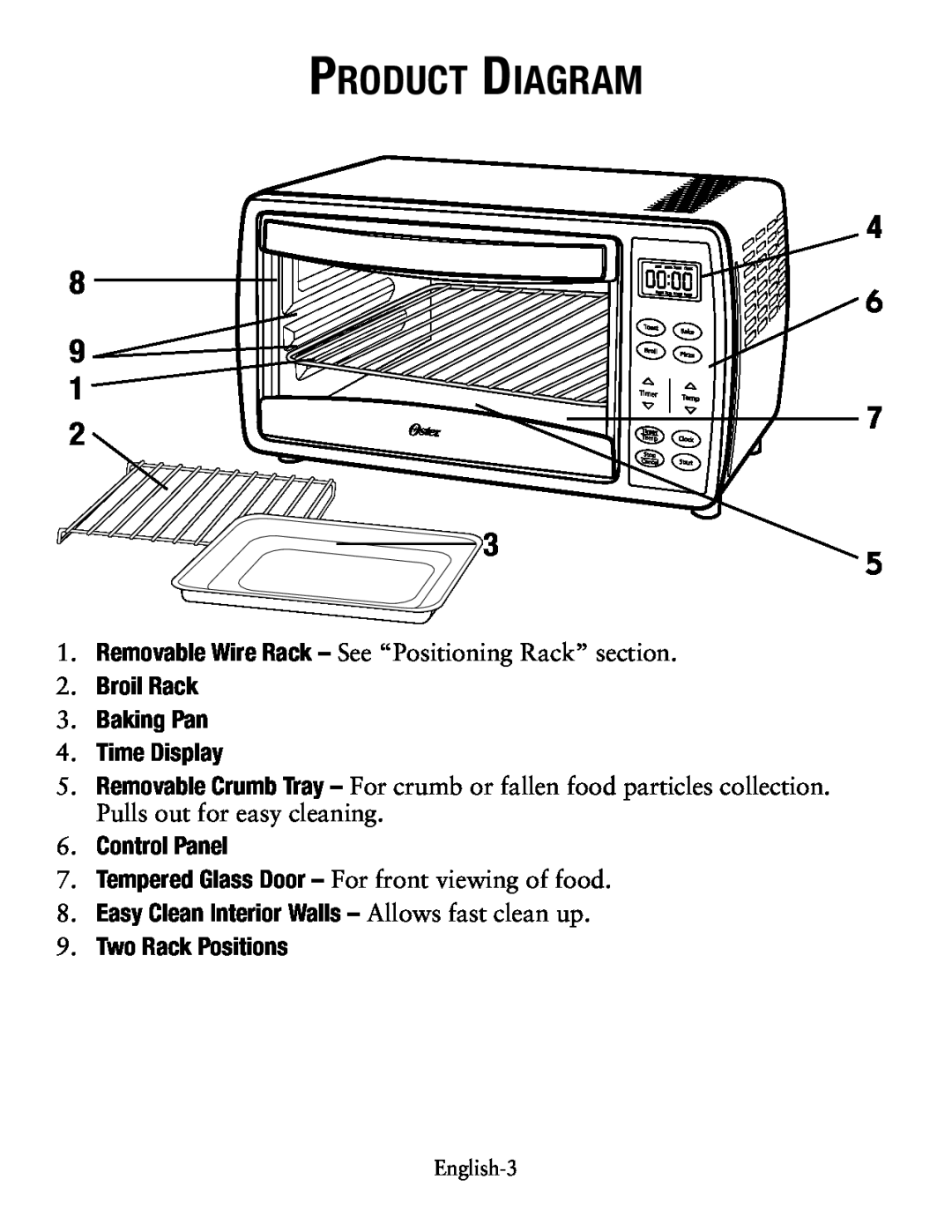 Oster TSSTTVDGSM Product Diagram, Removable Wire Rack - See “Positioning Rack” . Broil Rack, Baking Pan 4. Time Display 