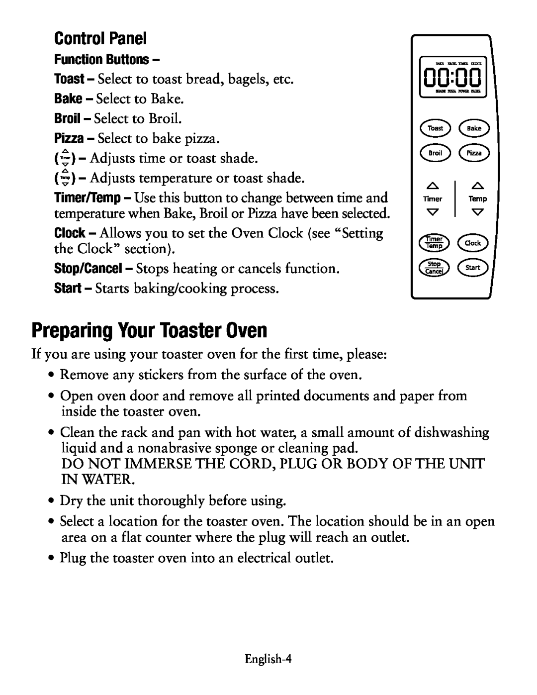 Oster Small Digital Oven, TSSTTVDGSM user manual Control Panel, Preparing Your Toaster Oven 