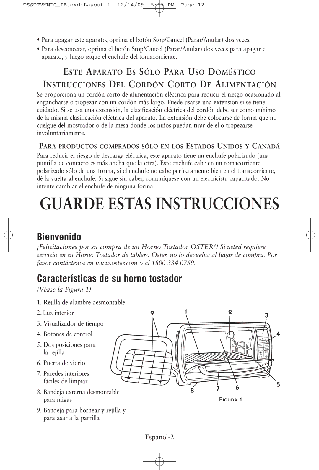 Oster TSSTTVMNDG, 137149 manual Bienvenido Características de su horno tostador, Español-2 