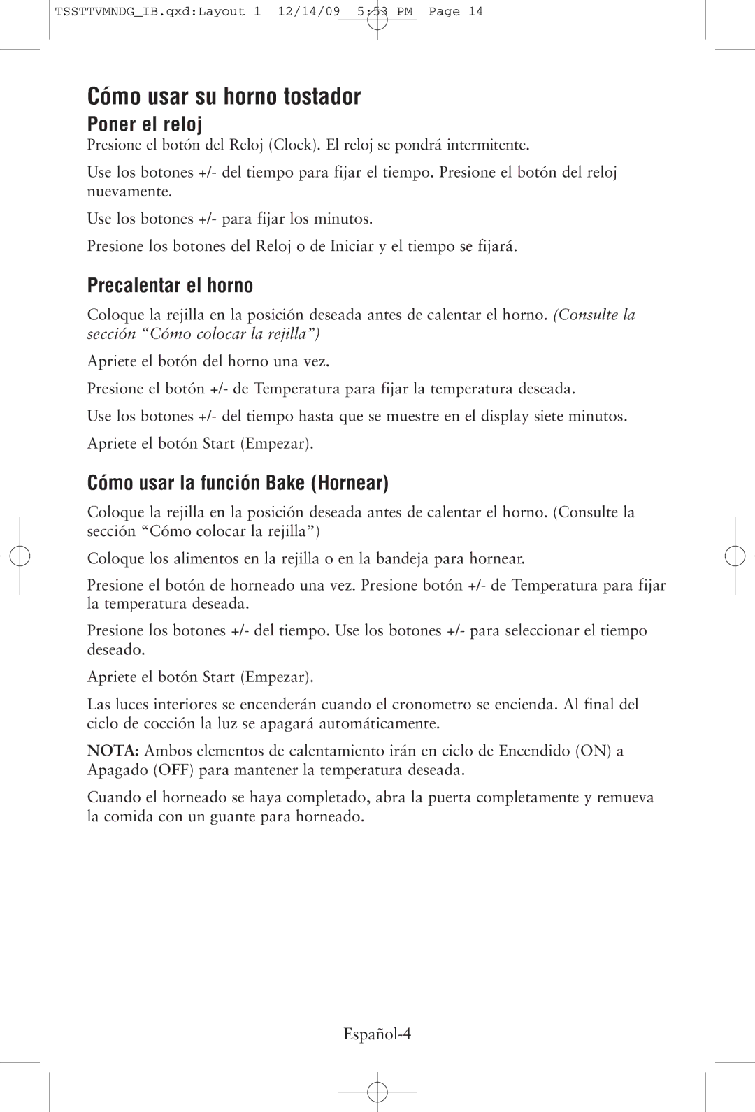 Oster TSSTTVMNDG Cómo usar su horno tostador, Poner el reloj, Precalentar el horno, Cómo usar la función Bake Hornear 