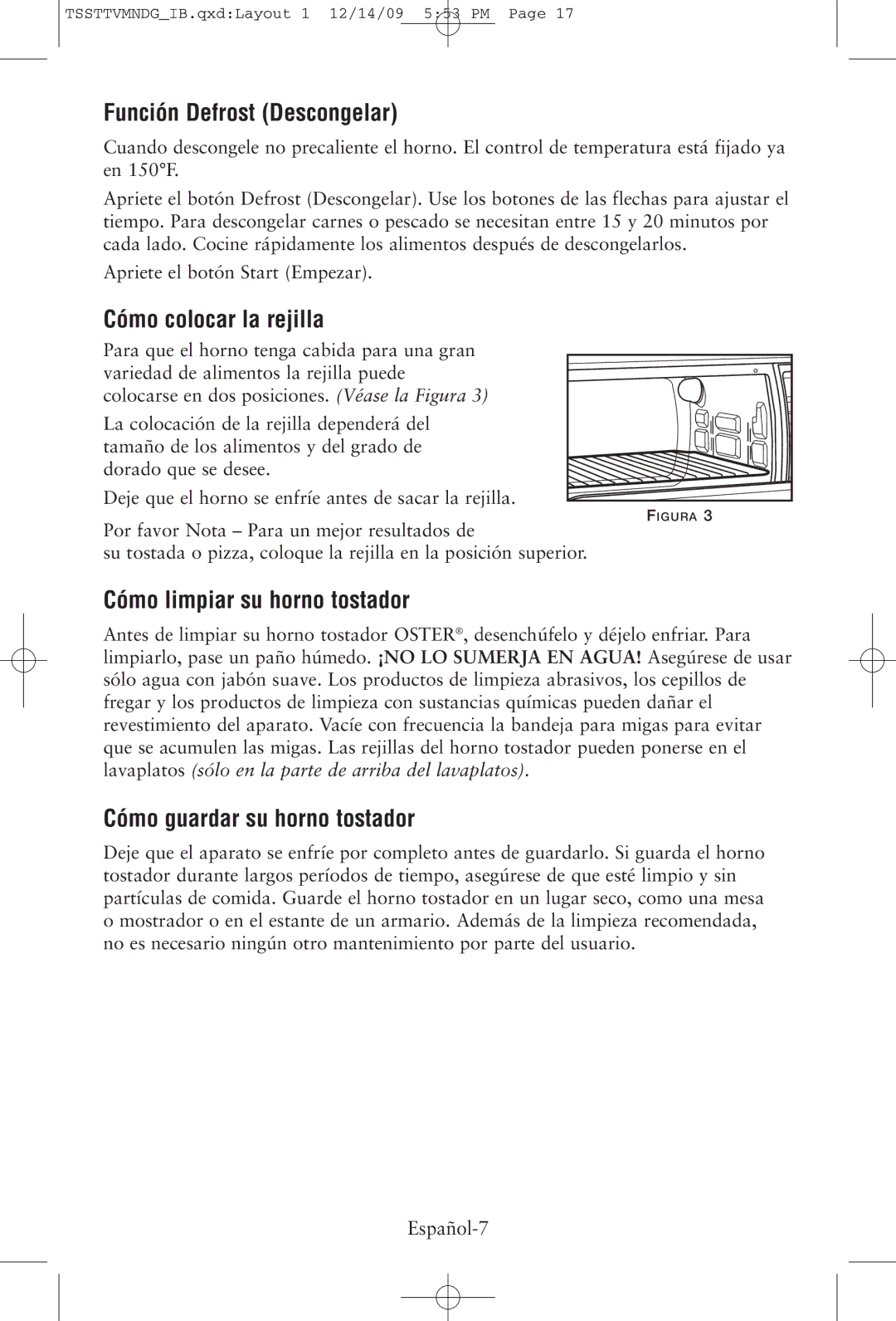 Oster 137149, TSSTTVMNDG Función Defrost Descongelar, Cómo colocar la rejilla, Cómo limpiar su horno tostador, Español-7 