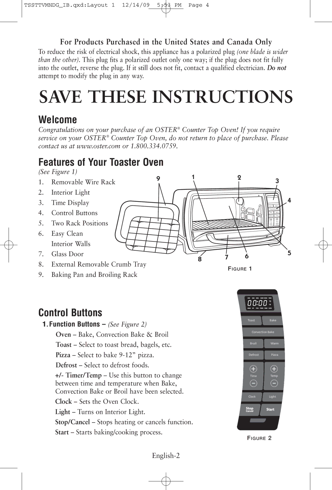 Oster TSSTTVMNDG, 137149 manual Welcome Features of Your Toaster Oven, Control Buttons 