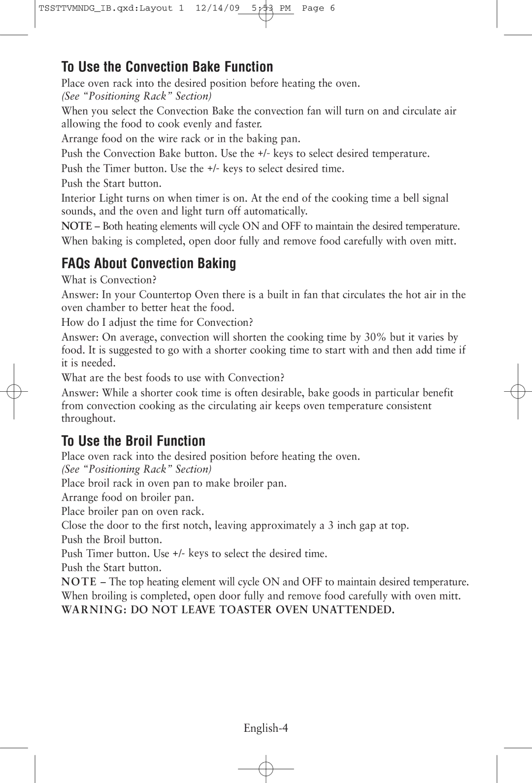 Oster TSSTTVMNDG To Use the Convection Bake Function, FAQs About Convection Baking, To Use the Broil Function, English-4 