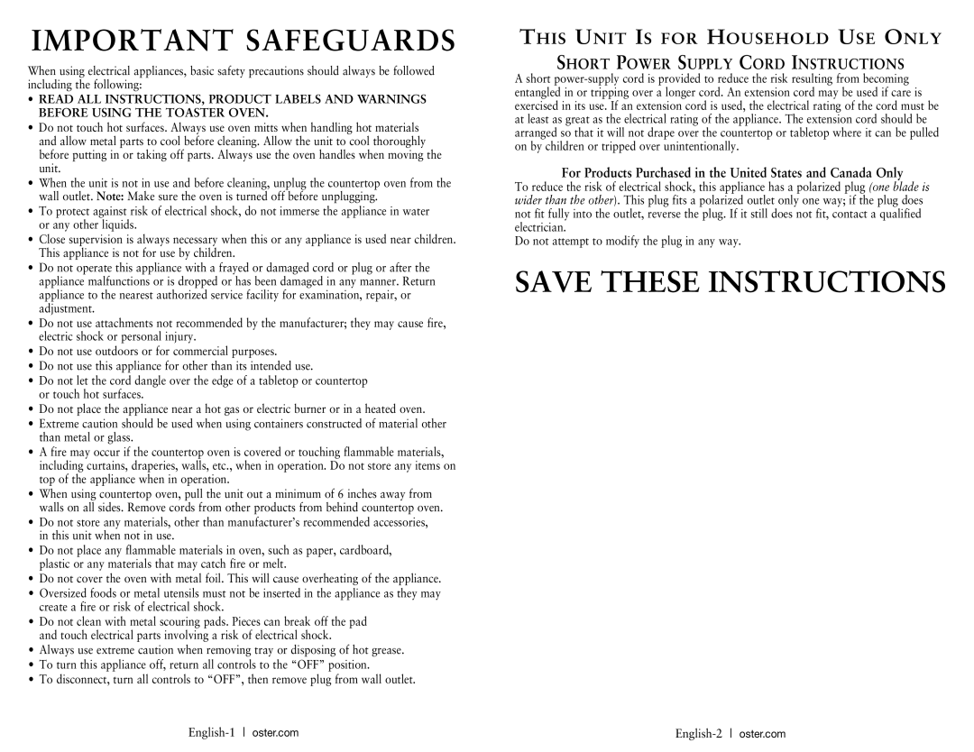 Oster TSSTTVRB04, TSSTTVRB05 user manual Important Safeguards, For Products Purchased in the United States and Canada Only 