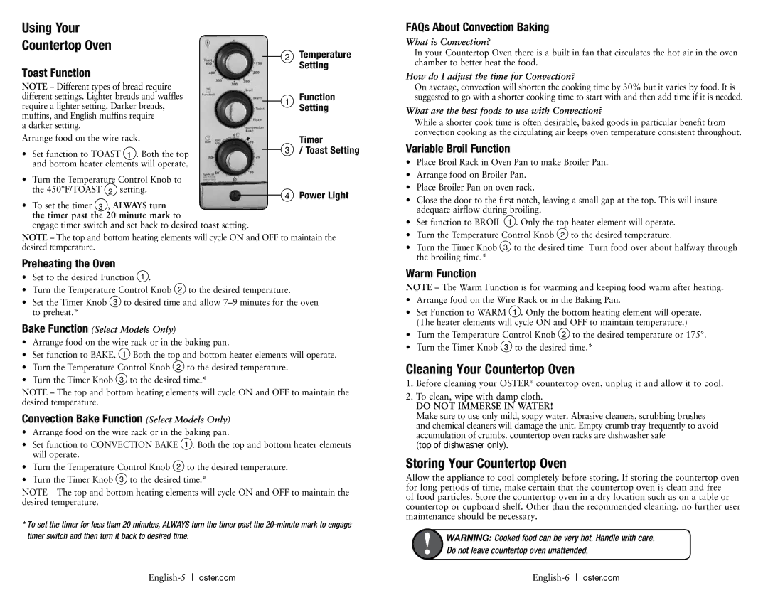 Oster TSSTTVRB04, TSSTTVRB05 Using Your Countertop Oven, Cleaning Your Countertop Oven, Storing Your Countertop Oven 