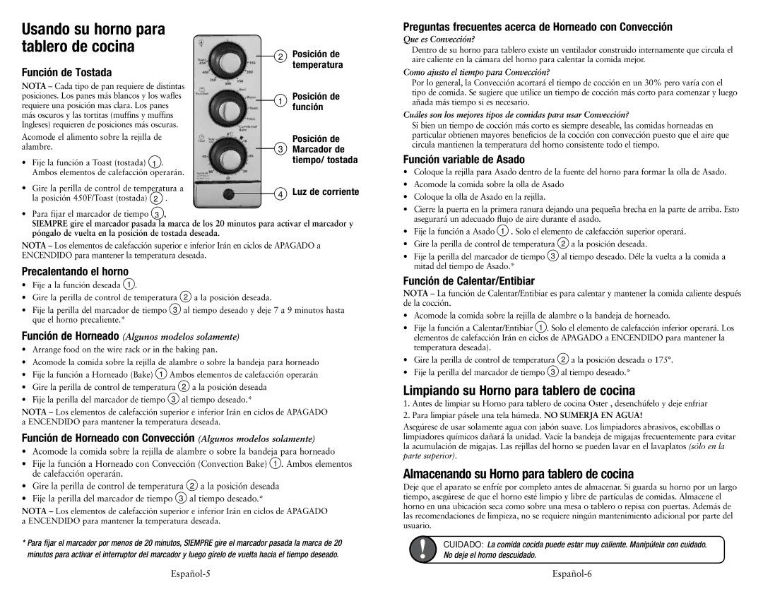 Oster TSSTTVRB05, TSSTTVRB04 Limpiando su Horno para tablero de cocina, Almacenando su Horno para tablero de cocina 