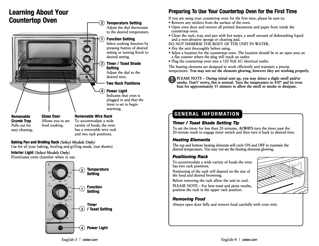 Oster TSSTTVRB05, TSSTTVRB04 General Information, Interior Light Select Models Only, Learning About Your Countertop Oven 