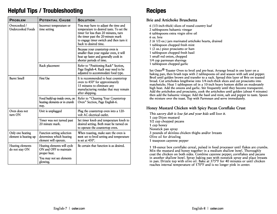 Oster TSSTTVRB05, TSSTTVRB04 user manual Brie and Artichoke Bruschetta, Helpful Tips / Troubleshooting, Recipes 