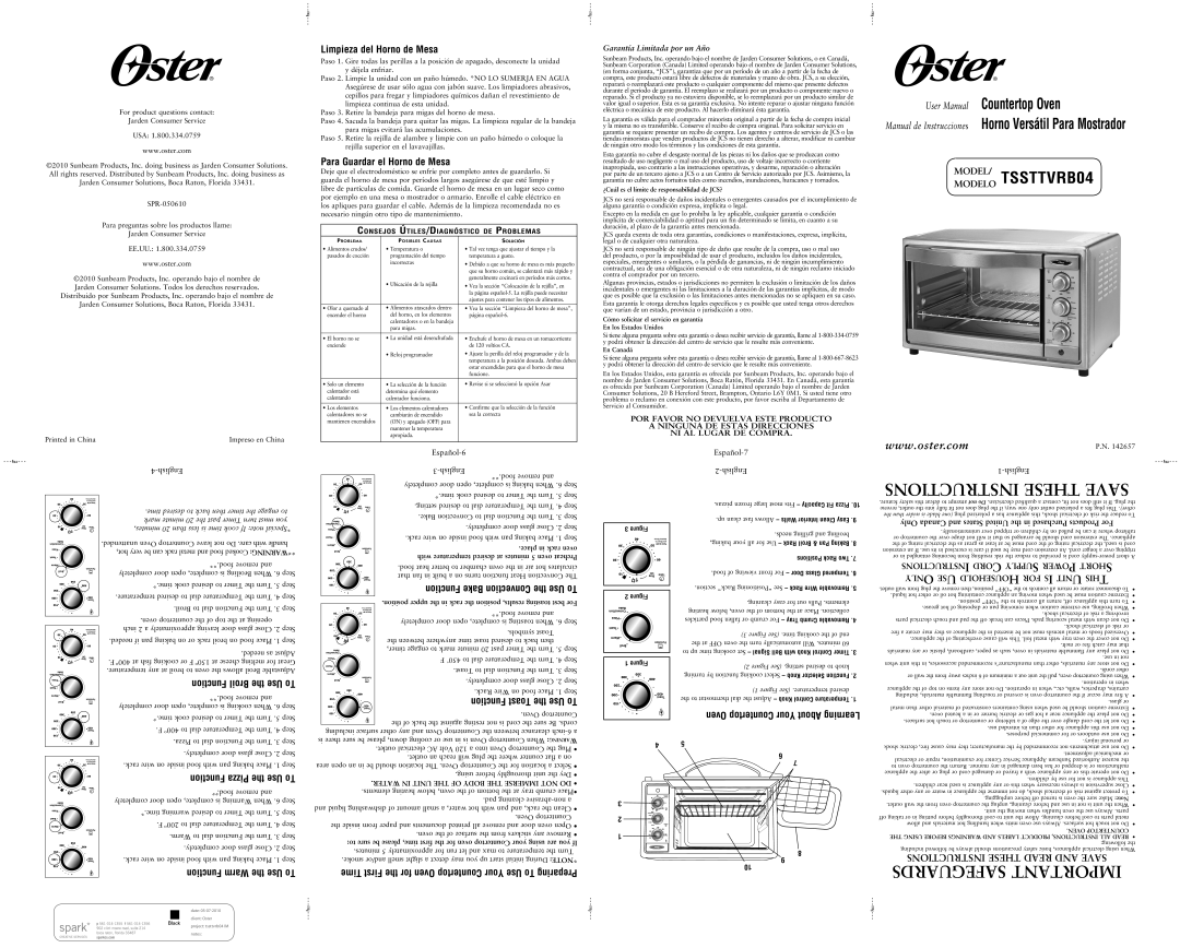 Oster TSSTTVRBO4 user manual Limpieza del Horno de Mesa, Para Guardar el Horno de Mesa, Function Warm the Use To 