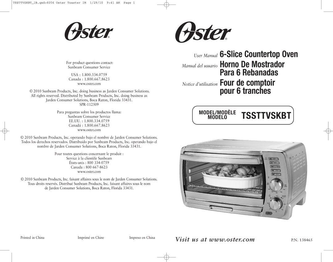 Oster SPR-112509, TSSTTVSKBT, 138465 user manual Modelo Tssttv Skbt, Imprimé en Chine 