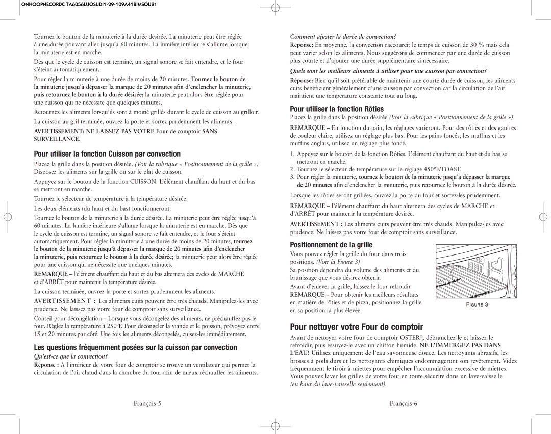 Oster 138465, TSSTTVSKBT, SPR-112509 Pour nettoyer votre Four de comptoir, Pour utiliser la fonction Cuisson par convection 