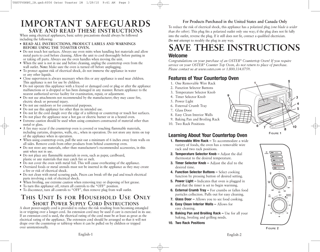 Oster 138465 Impo Rtant Safeguards, Welcome Features of Your Countertop Oven, Learning About Your Countertop Oven 