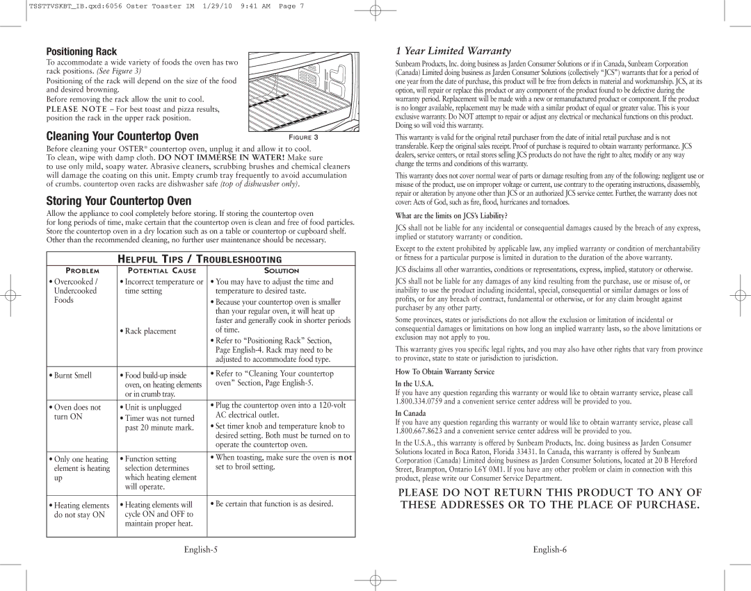 Oster SPR-112509 Cleaning Your Countertop Oven, Storing Your Countertop Oven, Positioning Rack, Year Limited Warranty 