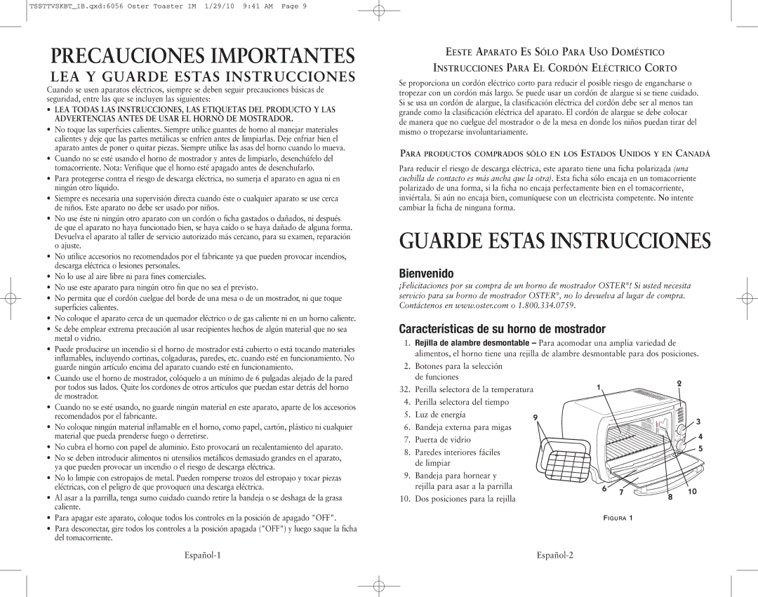 Oster 138465 Precauciones Importantes, Guarde Estas Instrucciones, Bienvenido Características de su horno de mostrador 