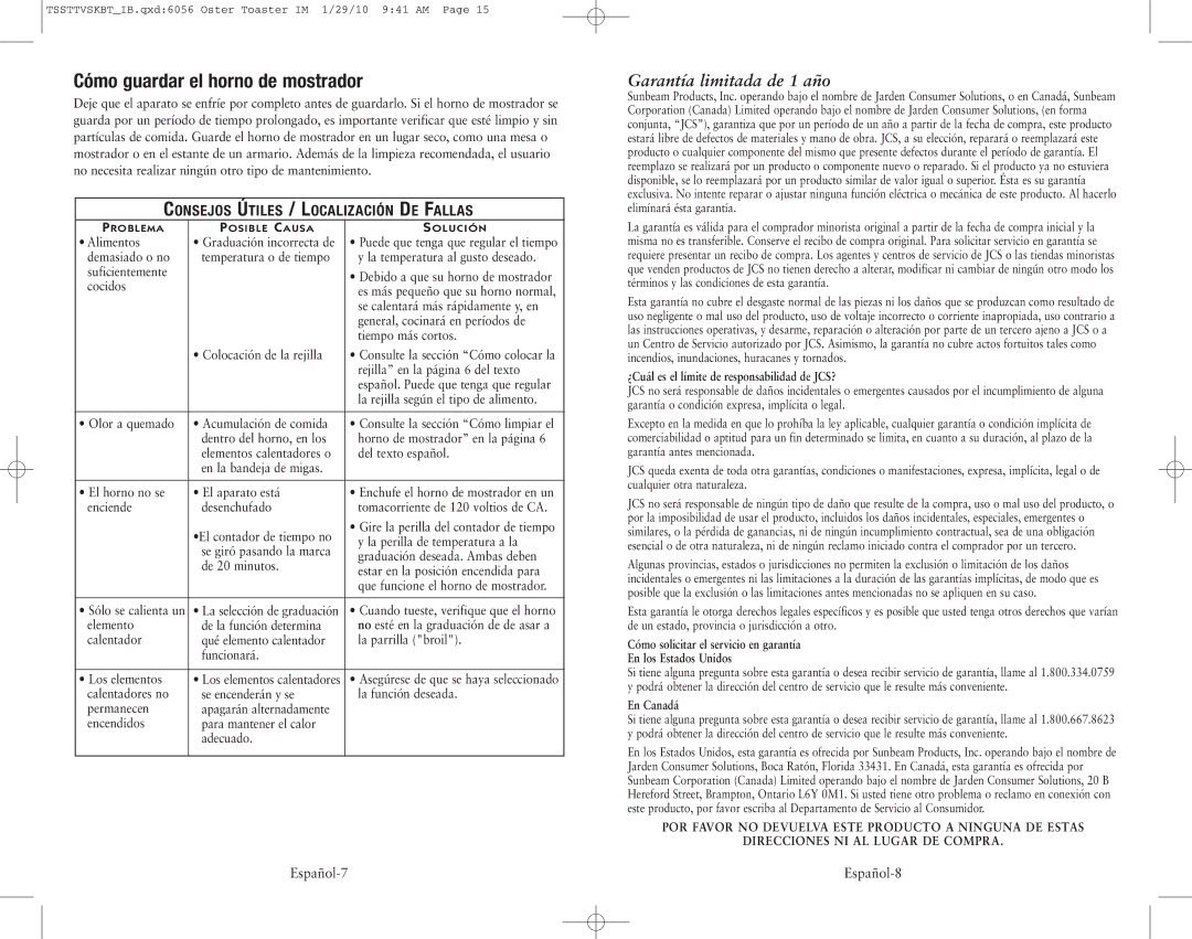 Oster 138465, TSSTTVSKBT, SPR-112509 user manual Cómo guardar el horno de mostrador, Garantía limitada de 1 año 