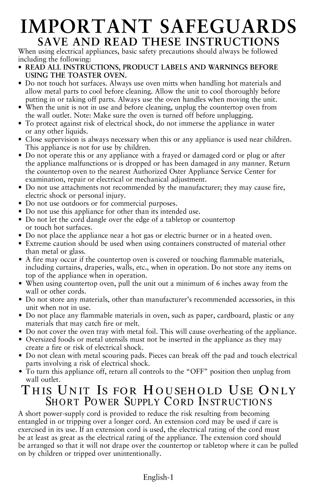 Oster TSSTTVSM9L user manual Important Safeguards 