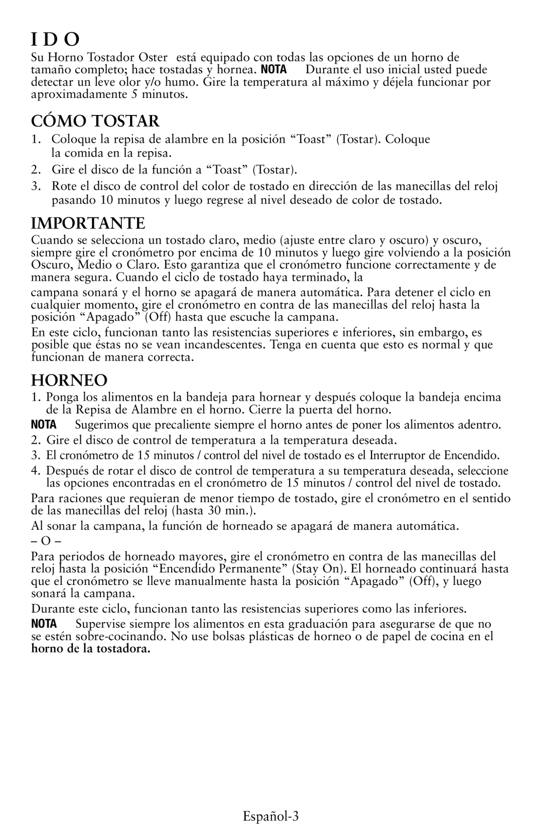 Oster TSSTTVSM9L user manual Instrucciones De Operación, Cómo Tostar, Importante, Horneo 