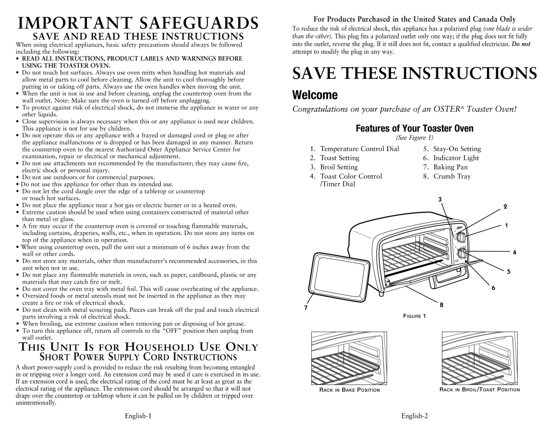 Oster 139253, TSSTTVVG01, SPR-033110 user manual Important Safeguards, Welcome, Features of Your Toaster Oven 