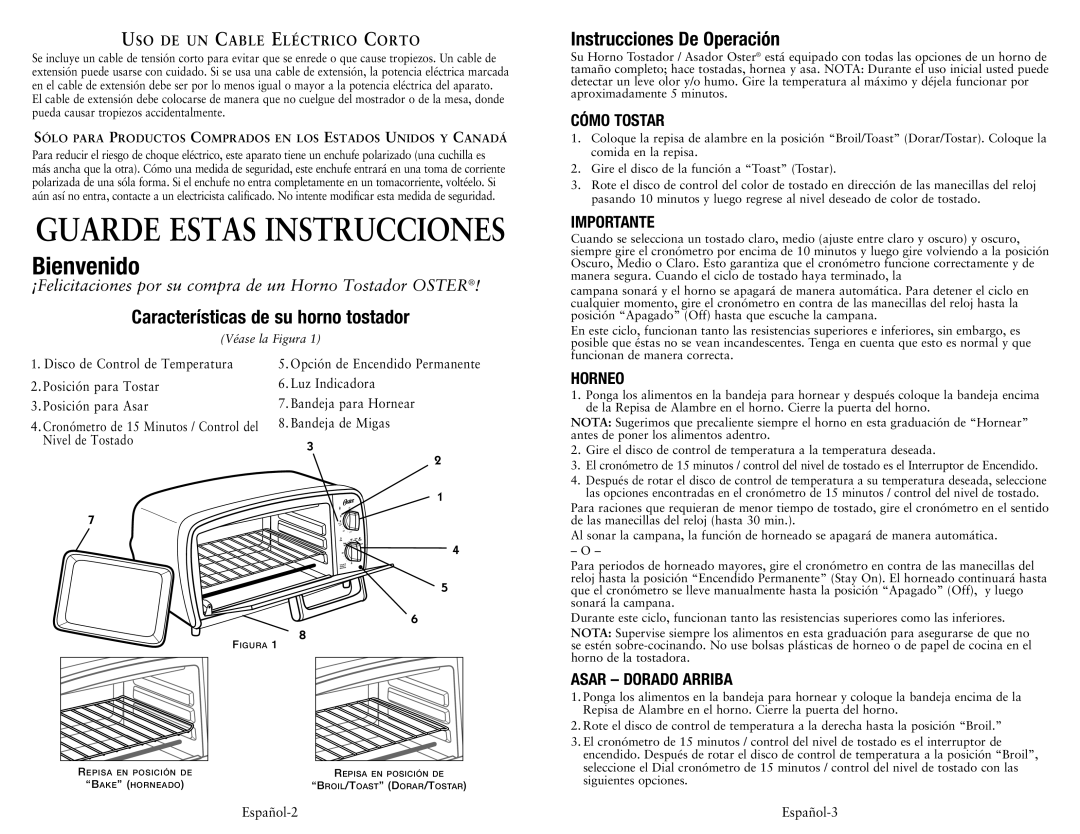 Oster 139253 Guarde Estas Instrucciones, Bienvenido, Características de su horno tostador, Instrucciones De Operación 